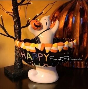 HALLOWEEN Ceramic Spooky Ghost W Jack Pumpkin Floating Candy Corn Treat Bowl New